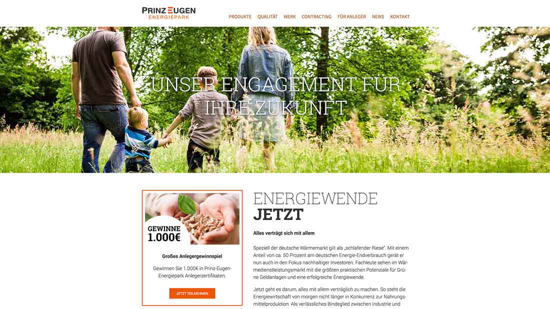 Screenshot der Website von Prinz Eugen Energiepark