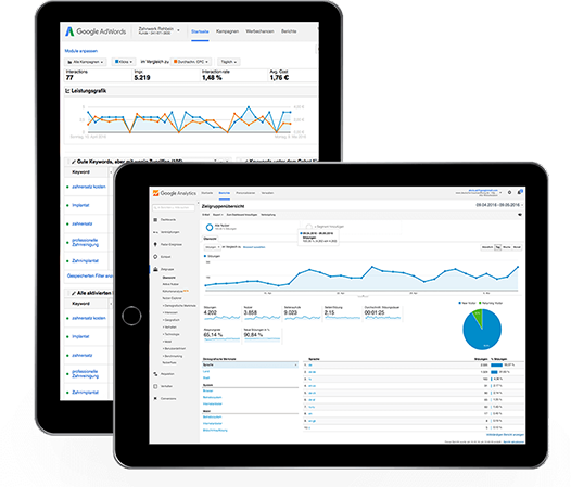 Zwei Tablets zeigen die Oberfläche von Google Analytics und AdWords die für die Suchmaschinenoptimierung und Suchamschinenwerbung genutzt werden.